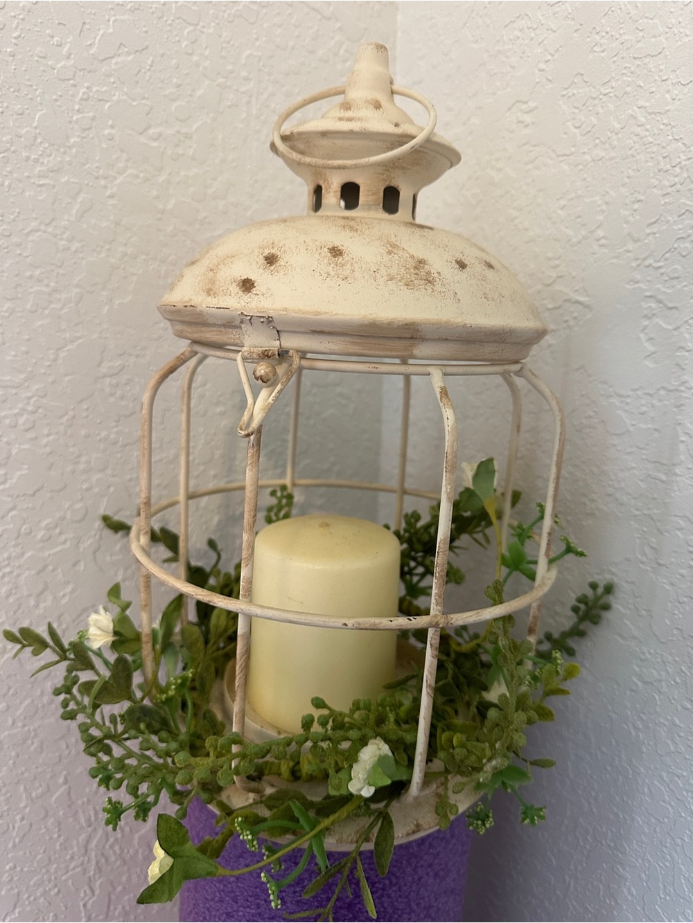 Distressed Cream Metal Decorative Lantern with Candle